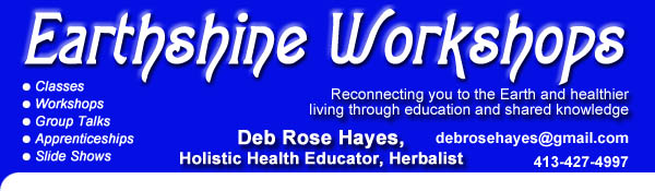Deb Hayes, Earthshine, Workshops, herbal talks, seminars, apprenticeships... creating health in a toxic world.